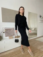 Трикотажный костюм с юбкой вязаный, чёрный